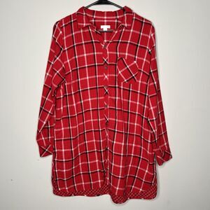 J.Jill Shirt Women Medium Red Plaid Button Up Untuck Tunic Contrast Plaid Lining